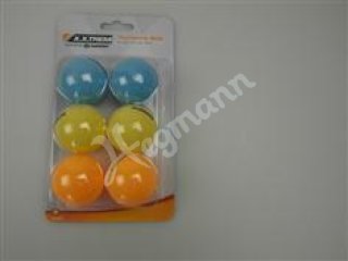 6 bunte Tischtennis-Bälle (blau, orange, gelb) im Blister