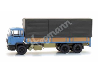 ARTITEC 48705211 ready 1:87 DAF Kipp-Fahrerhaus Kab B, Tandemachse Pritschen-LKW mit Plane, blau