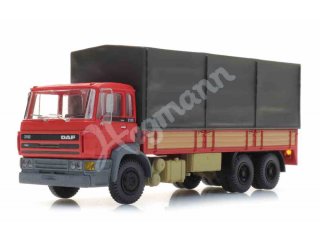 ARTITEC 48705305 ready 1:87 DAF Kipp-Fahrerhaus Kab C, Tandemachse Pritschen-LKW mit Plane, rot