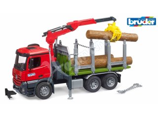 BRUDER 03669 MB Arocs Holztransport-LKW mit Ladekran, Greifer und 3 Baumstämmen