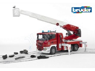 BRUDER 03590 Scania R-Serie Feuerwehr mit Drehleiter, Wasserpumpe + Light & Sound Modul