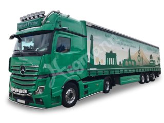 herpa 941297 H0 1:87 Mercedes-Benz Actros Gigaspace Gardinenplanen-Sattelzug mit Mitnahmestapler 