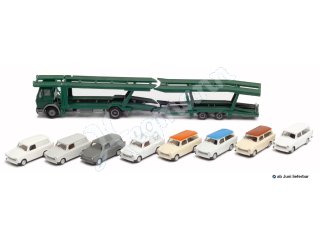 herpa 941464 H0 1:87 Mercedes-Benz NG Autotransporter-Hängerzug mit 8 Trabant