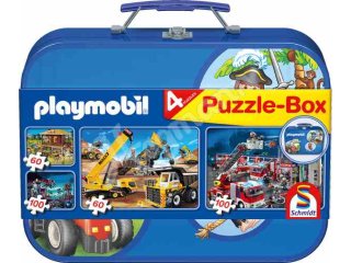 Schmidt-Spiele 55599 Playmobil, Puzzle-Box blau, 2x60, 2x100 Teile